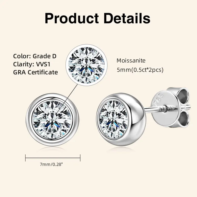 IOGOU 0.5ct/1.0ct 925 Sterling Silver Stud Earrings D Color Moissanite Piercing Earrings For Women Men  Certificate Jewelry