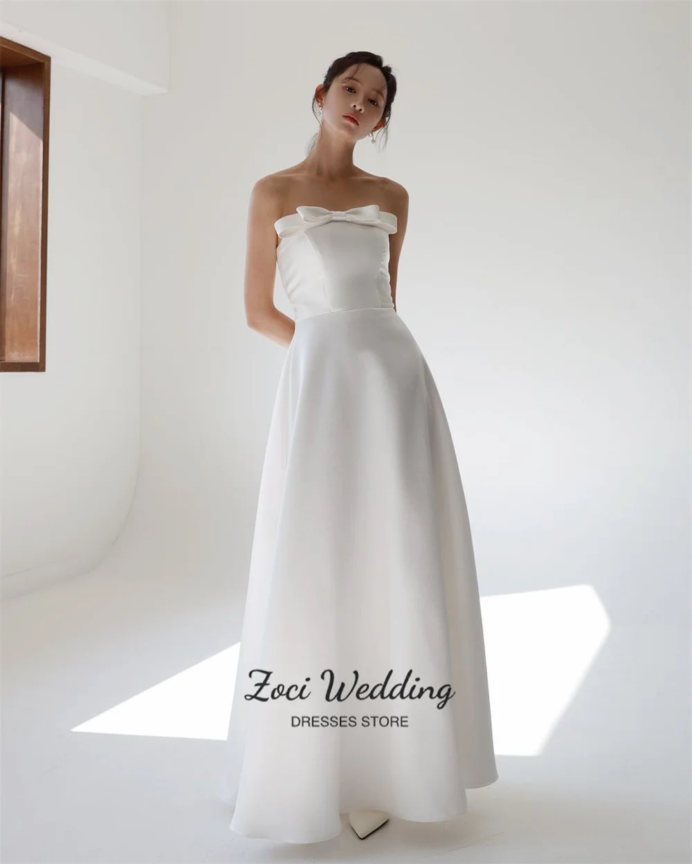 Zoci-vestidos de recepción de boda con lazo sin tirantes, vestidos de noche con corsé simples y elegantes, vestido de novia de satén hasta el suelo personalizado