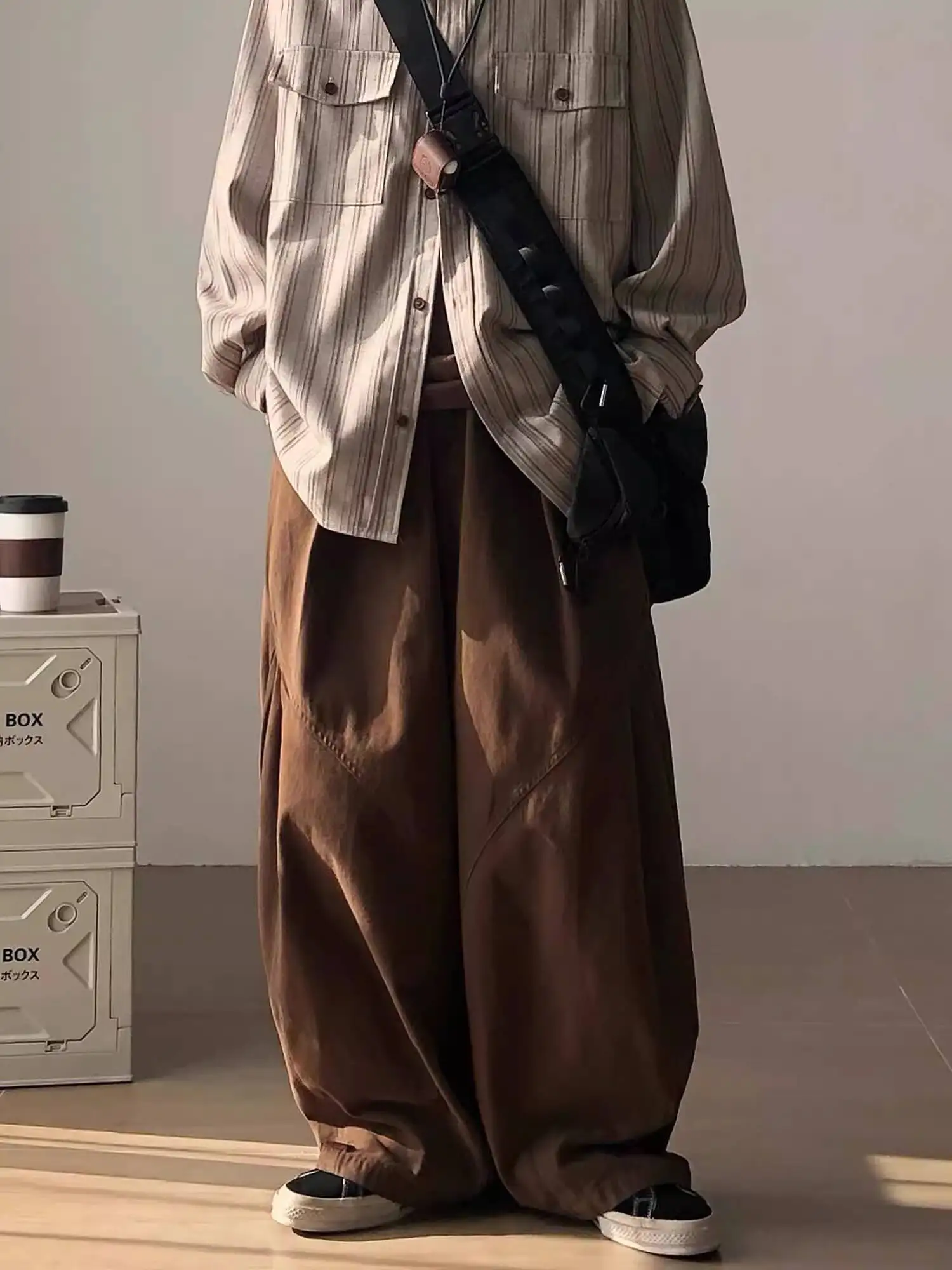 

Men's Women Cargo Pants Autumn & Spring Japanese Style Coffee Loose Wide Leg Cargo Pants Retro Casual Trousers