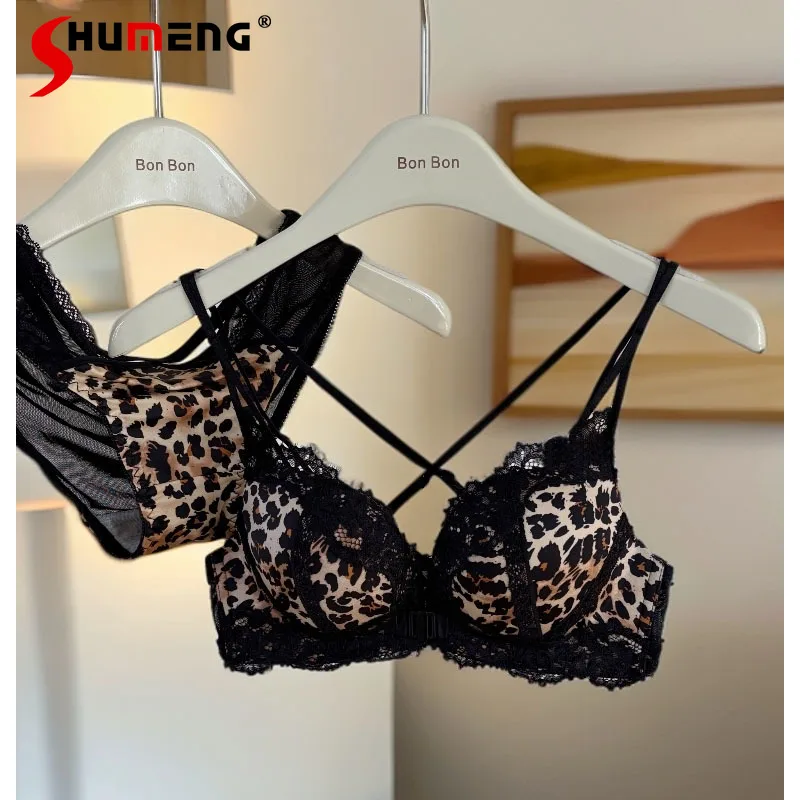 

Small Chest Push Up Beautiful Back Bra Set for Women Pure Desire Leopard Print Sexy Brief Suits Ladies Lace Wireless Intimates