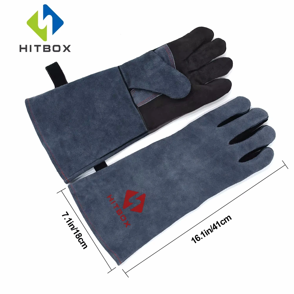 HITBOX 14/16inch Welding Gloves For Tig Mig Welder Works Barbecue Kitchen Stove Heat-resistant Thick Cow Split Leather Gloves