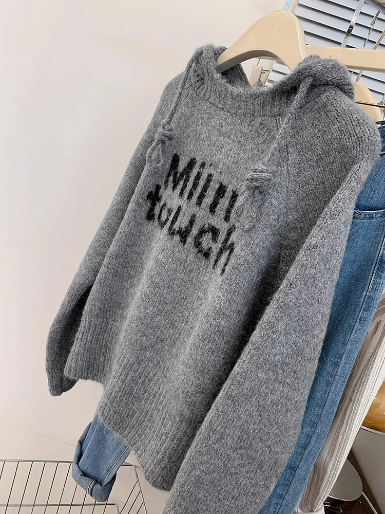 Harajuku Retro Hooded Sweater Women's Autumn/Winter Long Sleeve Knitted Pullover Fashion Loose Casual Hoodie Top