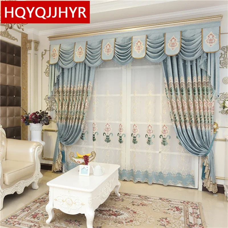 

Luxury Villa Living Room Hotel Kitchen Apartment Bedroom Light Blue European-Style Embroidered Curtain Customized Products