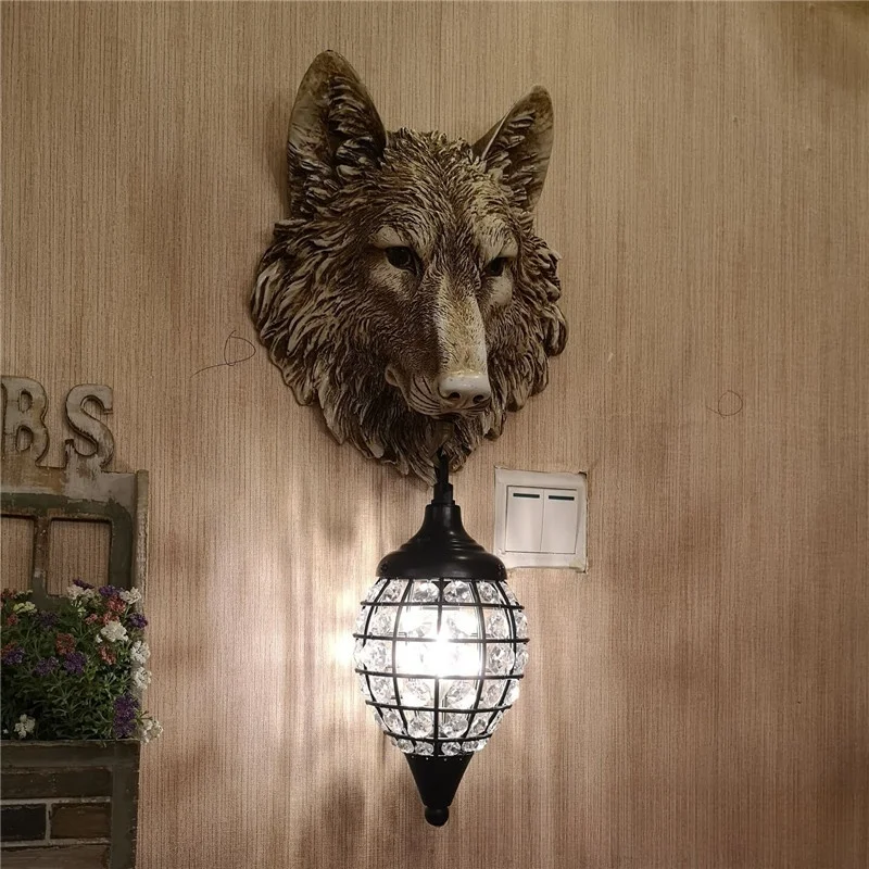 

Wolf head Wall Lamps Vintage resin animals Wall Sconce Light Fixtures for Living Room Bedroom Loft Industrial Art Decor crystal
