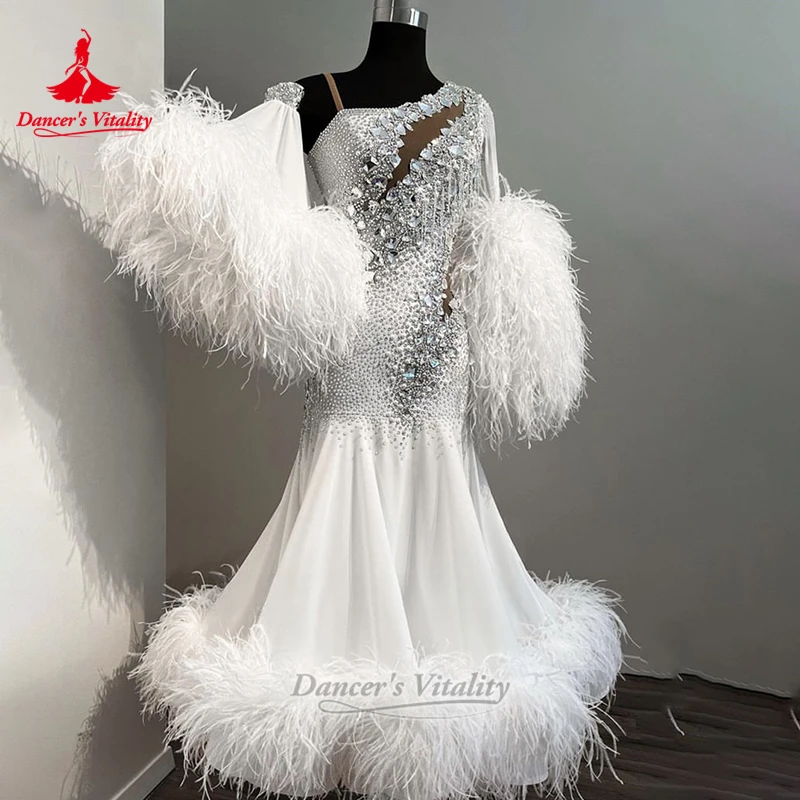Women Social Dance Ostrich Feather Wrapped Hip Dress Custom Adult Waltz Tango Foxtrot Contest&Perform Clothes Dancer's Vitality