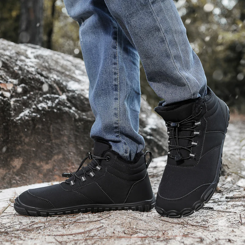 Women Men Barefoot Winter Snow Boots Wide Toe Box Warm Fleece Lined Ankle Boots Non‑Slip Outdoor Hiking Walking Shoes