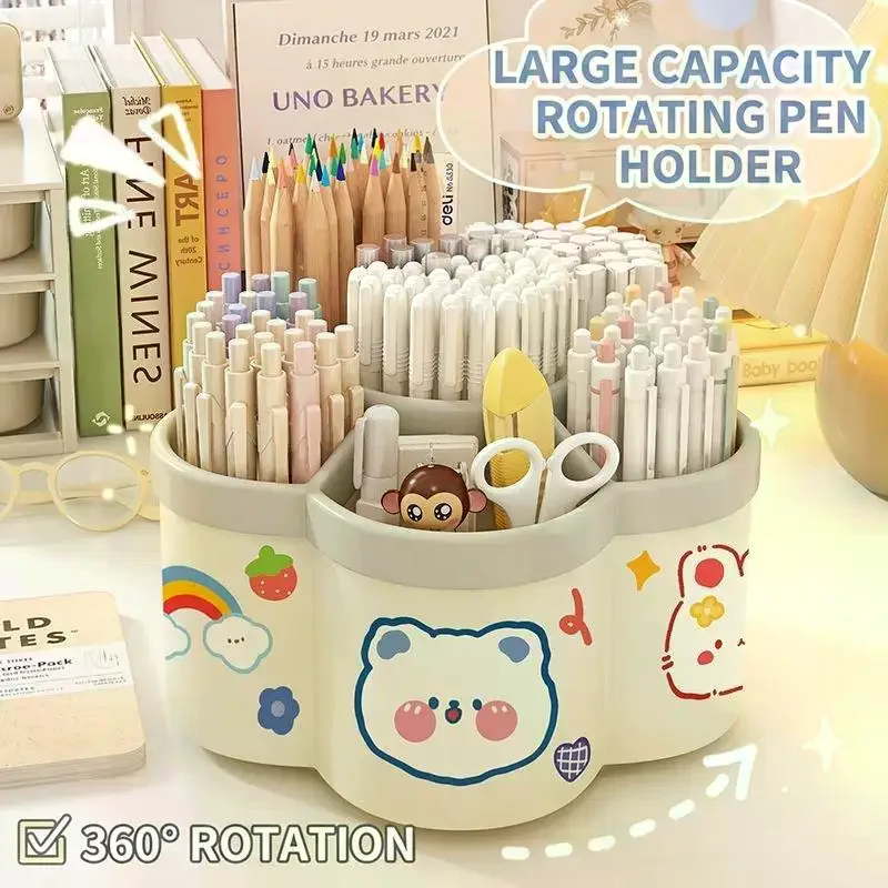 Cartoon Rotating Pen Holder 360° Rotation Large Capacity Cute Stationery Holder Ideal Gift for Primary Middle School Students
