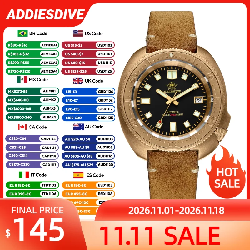 ADDIESDIVE Brand-New Upgrade AD2104 Watch 8215 Movement Model Sapphire Glass 20Bar Waterproof Automatic Mechanical Wristwatch