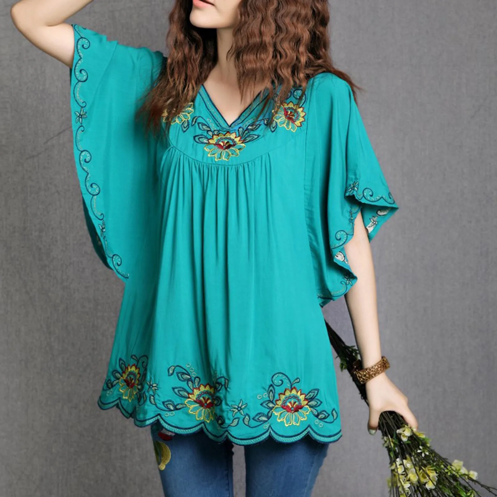 Tunic Women Mori Girl Embroidery Ethnic Retro Trend Top Shirt Bat Sleeve Short Sleeve Loose V Neck Large Size Korean Shirt