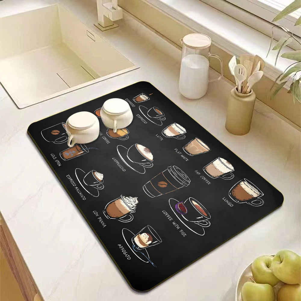 Classic Coffee Pattern Dish Drying Mat Non-slip Super Absorbent Stain-resistant Mat for Kitchen Countertop Home Coffee Bar