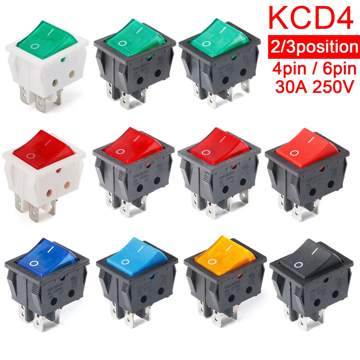 1PCS 16A 20A 30A Rocker Switch 220V 120V KCD7 KCD4 4 6 Pin Rocker Toggle Switch SPDT ON OFF Red Lighted Heavy Duty T125 T85