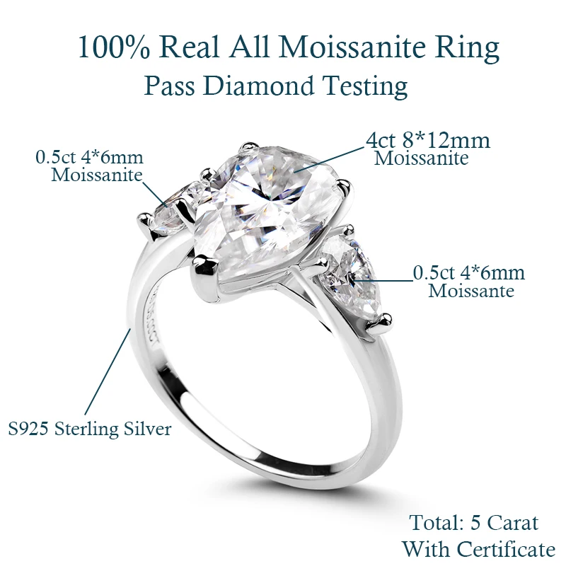1-5CT peer geslepen miossaniet ring GRA gecertificeerd 925 sterling verzilverd 18K D VVS1 Lab diamanten bruiloft verlovingsband voor vrouwen