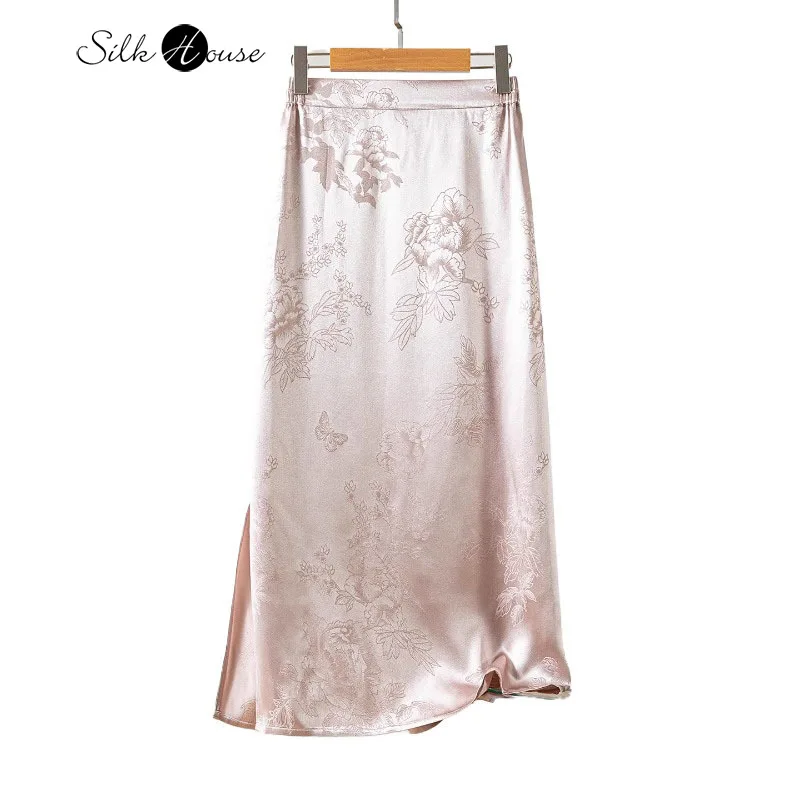 

2025 Women's Fashion Summer New Heavy 100% Natural Mulberry Silk Jacquard Satin Retro Pink Straight Tube Skirt