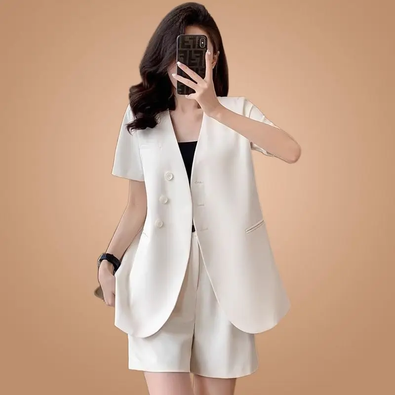 Women\'s 2024 Summer New Fashion Casual Short-sleeve Suit Jacket Shorts Two Piece Korean Elegant Loose Blazers Pants Macthing Set