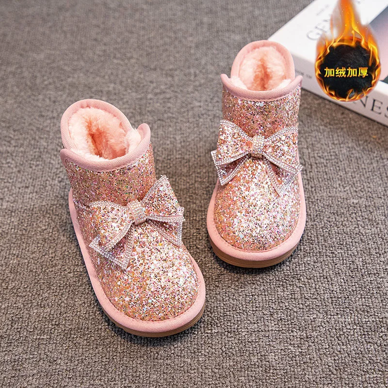 Girls Snow Boots Rhinestone Sequins Kids Fashion Winter Boots Princess Child Winter Cotton Plush Glitter Boots with Bow Classic