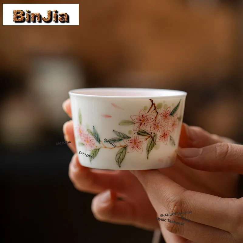 BAEJORIA 100ml Hand Drawn Peach Blossom Thin Tire Teacup Ancient Tea Bowl Tea Pair Smelling Cup Chazhan Coffee Mug Drinkware