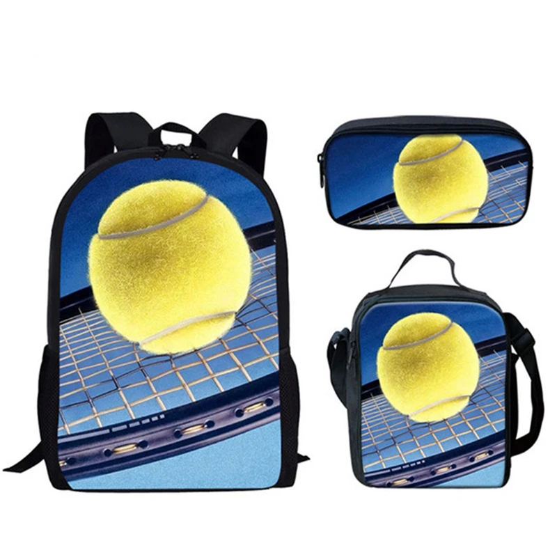 Impression 3D de balles de tennis amusantes, sacs d'école pour élèves, sac à dos pour ordinateur portable, sac à lunch, trousse à crayons, nouveauté créative classique, 3 pièces par ensemble