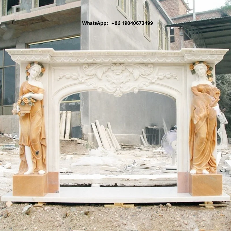 Custom Freestanding Marble Fireplace with Woman Statue Column yyh