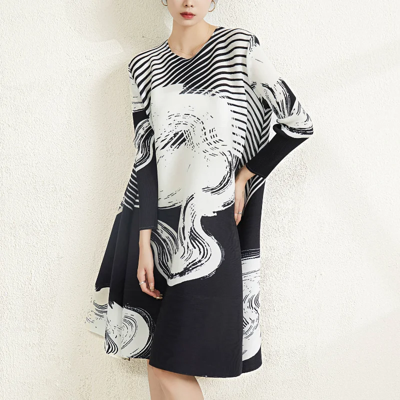 

Spring Summer Vintage Printed O-neck Long Sleeve Dress for Women 2023 Loose Casual Woman Dresses