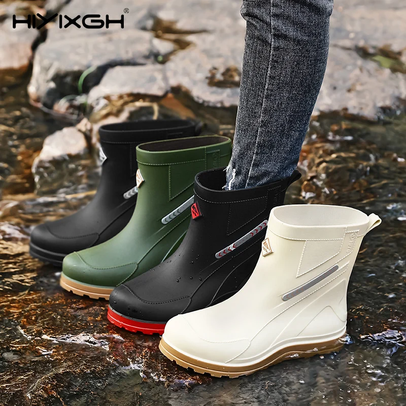 Men's All-Season High Top Waterproof Rain Boots Round Toe Non-slip Wear-resistant Kitchen Working Gardening Fishing Shoes