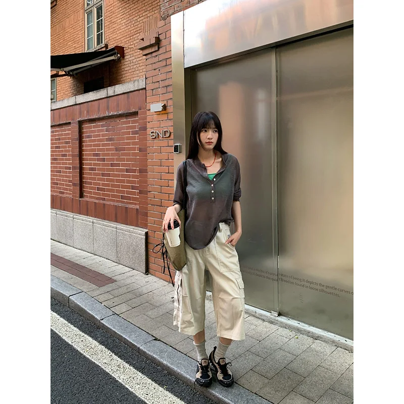 Benuynffy American Streetwear Multi-pocket Retro Cargo Pants Women 2026 Summer New Mid Waisted Loose Wide Leg Cropped Pants