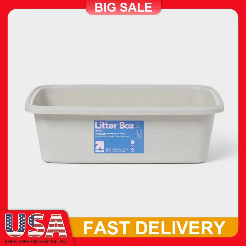

Large Gray Cat Litter Box Open Top 18x14 Inch BPA Free Plastic Waste Pan Easy Clean Durable Rectangle Pet Tray