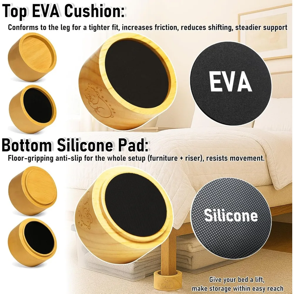 Bed Risers Furniture Legs, Solid Wood Furniture Raisers with Sleepy Bear Pattern, 2 Stackable Non-Slip Heavy-Duty Wooden Sofa Fr