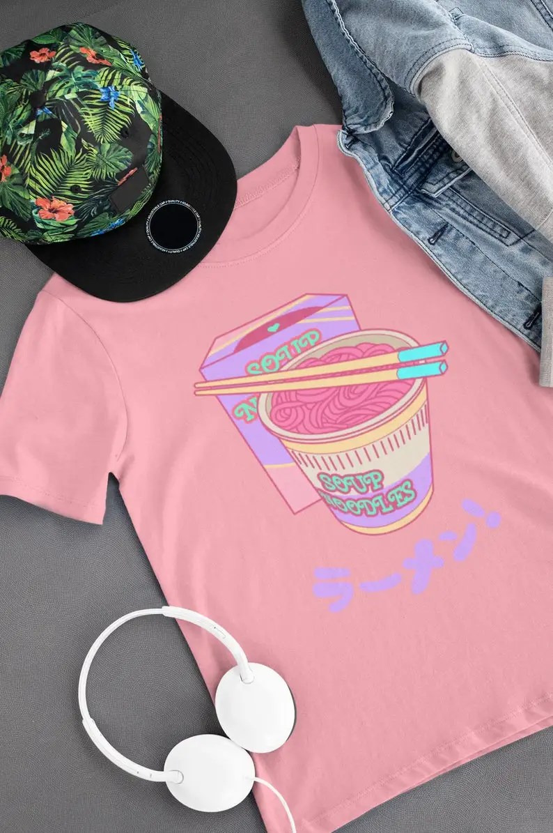 Pink Aesthetic T-shirt, Soup Noodles Kawaii Tee, Pastel Clothing, Sad Girls, Harajuku Shirt, Pastel Goth, Anime Tee, Ramen