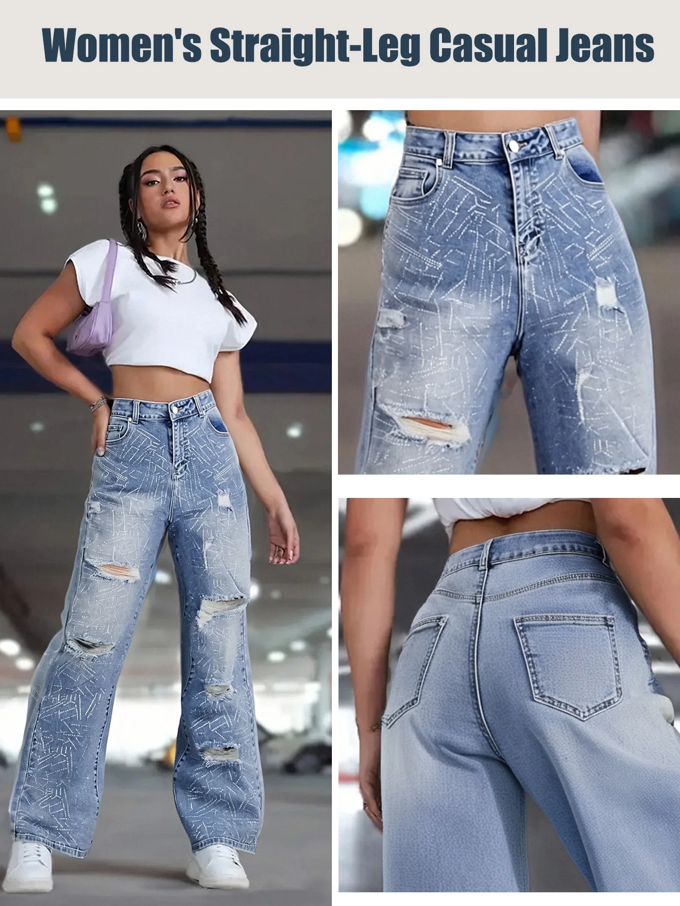 

Fashion Women's Light Blue Wide-Leg Jeans, Distressed Design, Rhinestone Heat-Setting Craft, Streetwear Style Women's Long Pants
