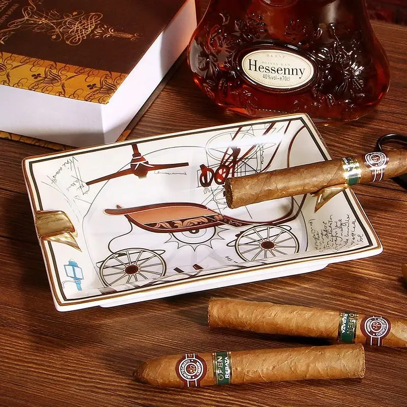 Creative Carriage Shaped Ceramic Cigar Ashtray,Double Slot Cigar Rest with Unique Design,Desktop Decor for Home Office, Gift Box