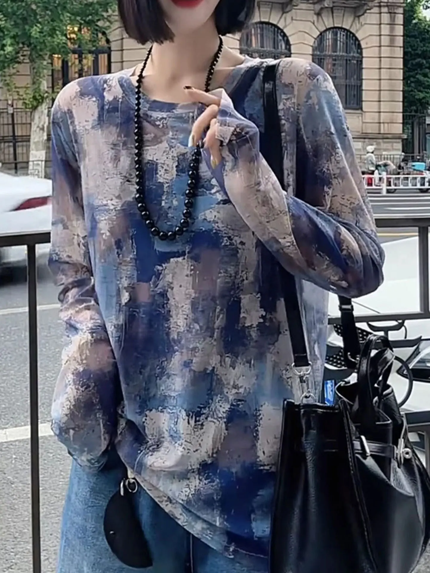 

Летняя женская модная дизайнерская футболка с длинным рукавом и капюшоном, градиентная, до плеч, в корейском стиле, из шелковой смеси