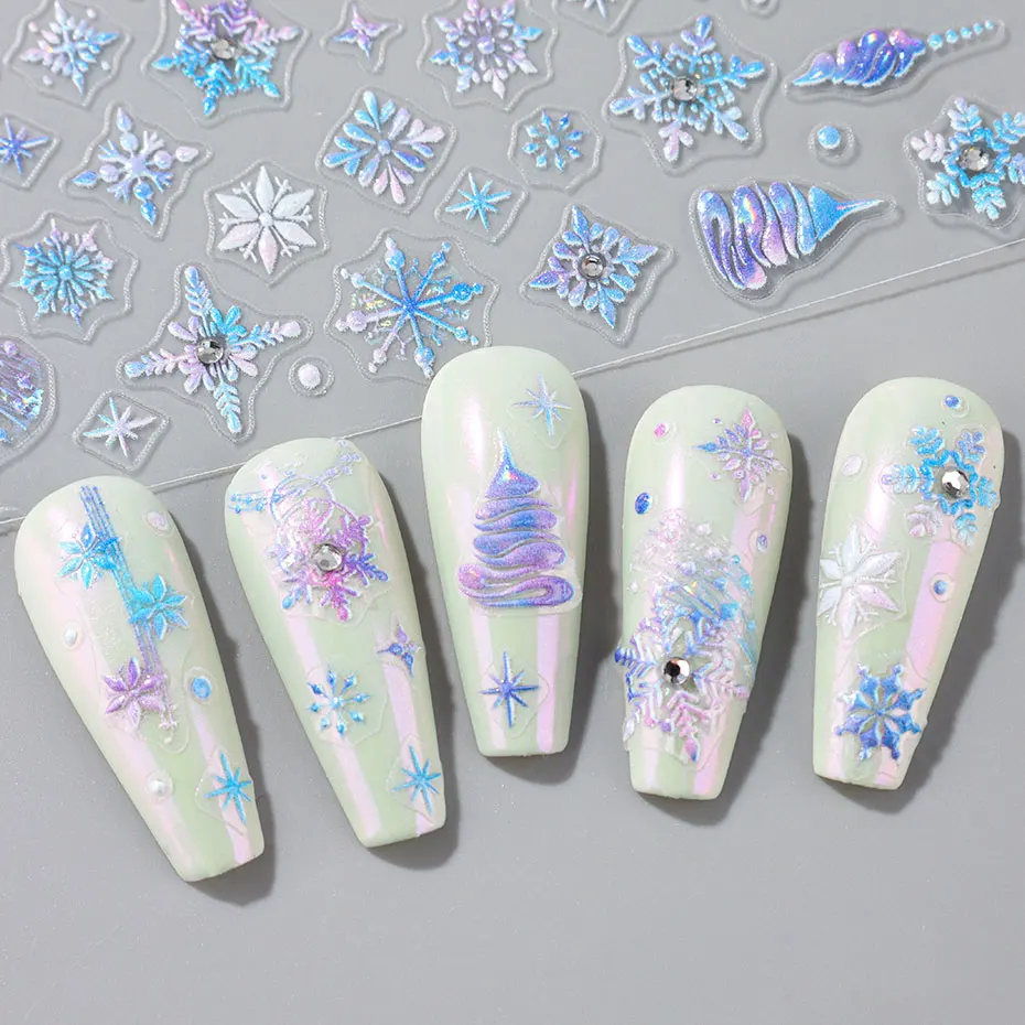 1pc 5D Dreamy Snowflake Nail Art Stickers Blue/Purple Winter Snowflake Star Laser Decals Rhinestone Foils Sliders Manicure Decor