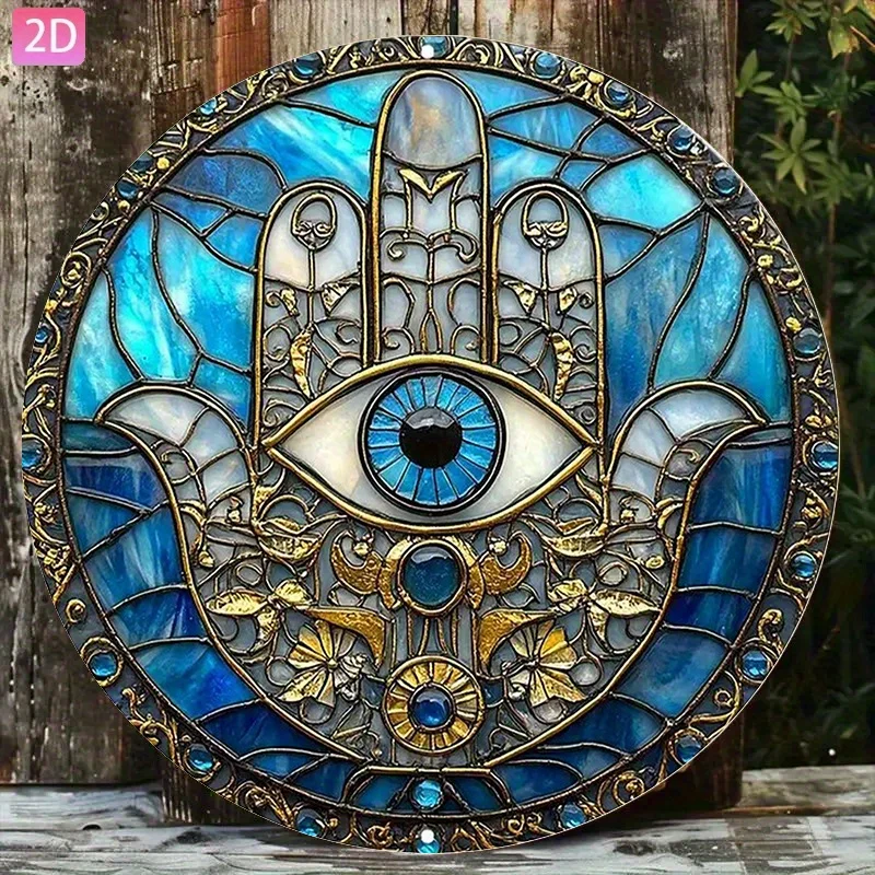 Decoración de pared plana 2D, 1 mano de Hamsa, amuleto de protección contra el mal de ojo de metal azul turquesa y dorado "señal de madera retro