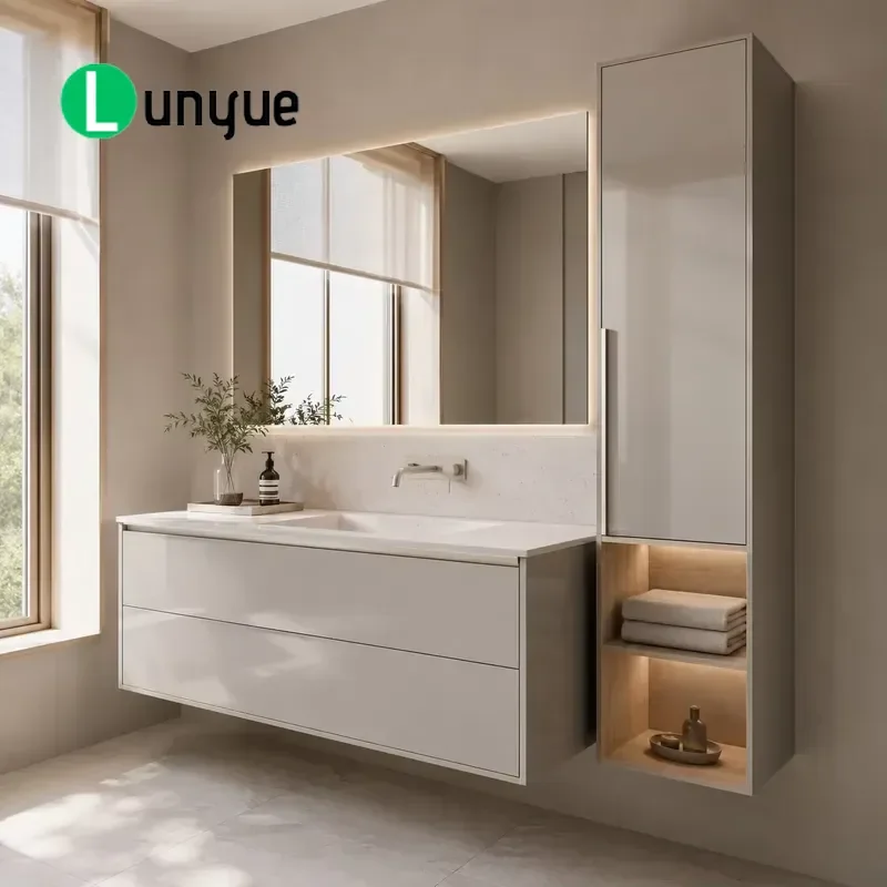 Modern Floating Bathroom Vanity with High Storage Lockers LED Illuminated Mirror Drawers Open Shelving Custom Wall Mounted