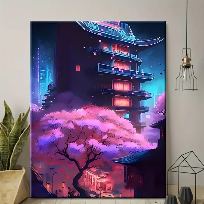 Cherry Blossom &Architecture Canvas Wall Art - Frameless Serene Landscape Decor for Home, Office, or Café, Office，No Frame