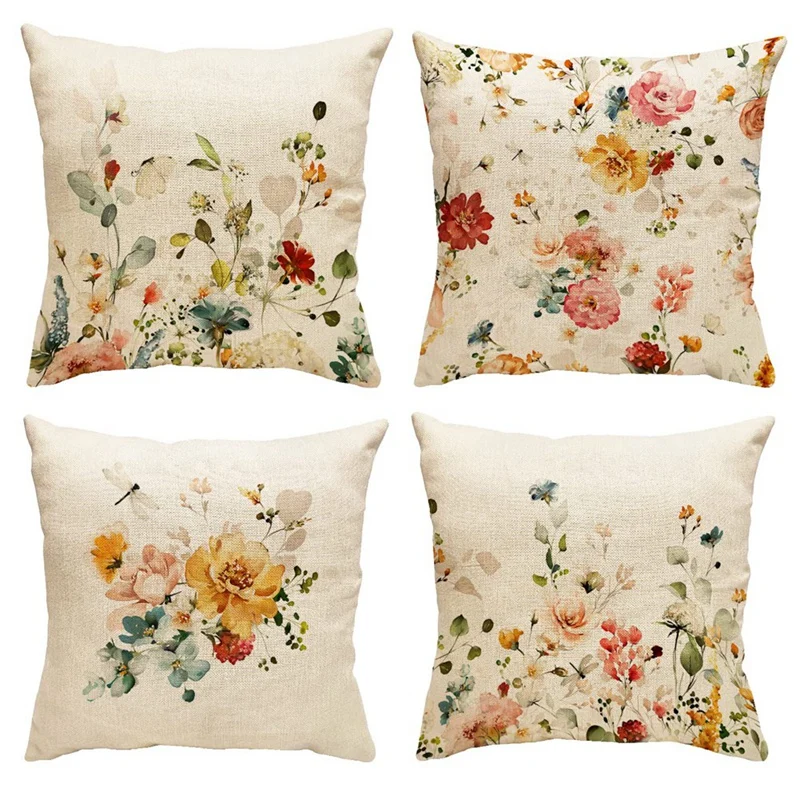 

Flower Pillow Cover Sofa Pillowcase 18X18 Set Of 4 Farmhouse Throw Pillow Spring Decorations Floral Cushion Case For Home Decor