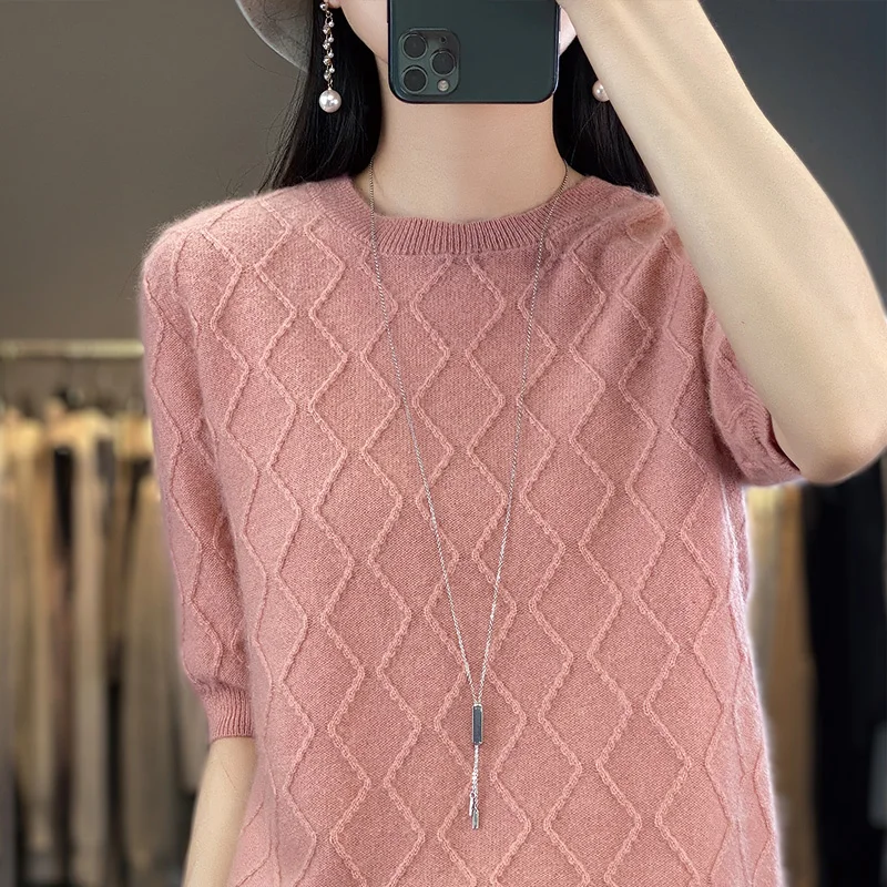 

Fashion Women 100% Merino Wool Soft Sweater O-Neck Half Sleeve Pullover Spring Autumn Bottoming Twisted Jumper Knitwear Tops