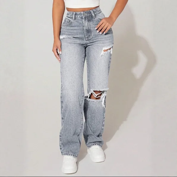 

Loose Straight Leg Jeans Women's mid Waist Torn Slimming Denim Pants Cross-Border Independent Station New Arrival Cotton Fabric