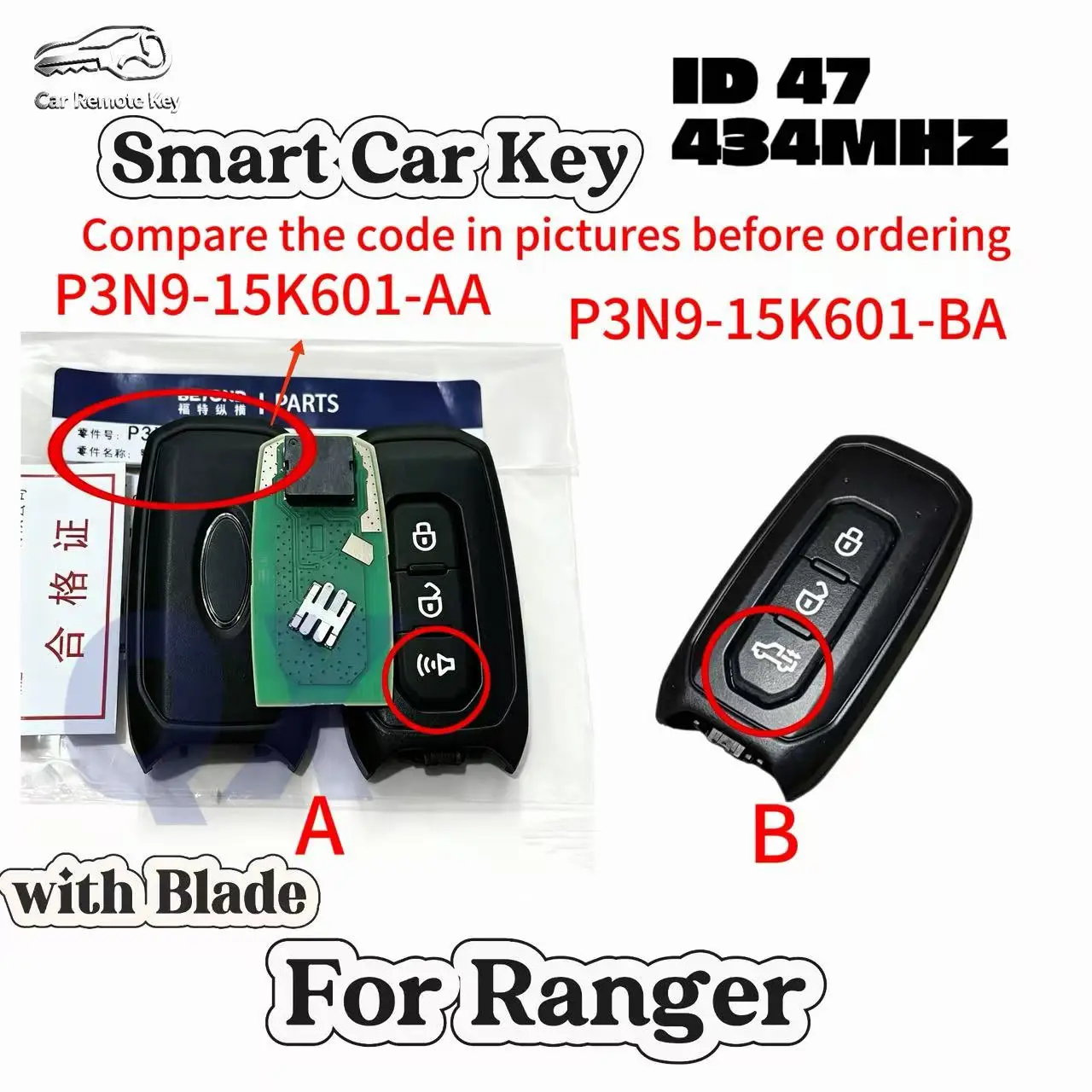 Smart Remote Key for Ford Ranger，ID47 434MHZ ,with blade