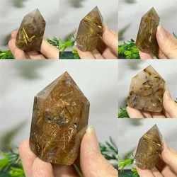 Crystal. Smokey Quartz Natural Tower Point Wand Gold Hair Rutile Healing Living Spiritual Minerals Home Decoration Feng Shui