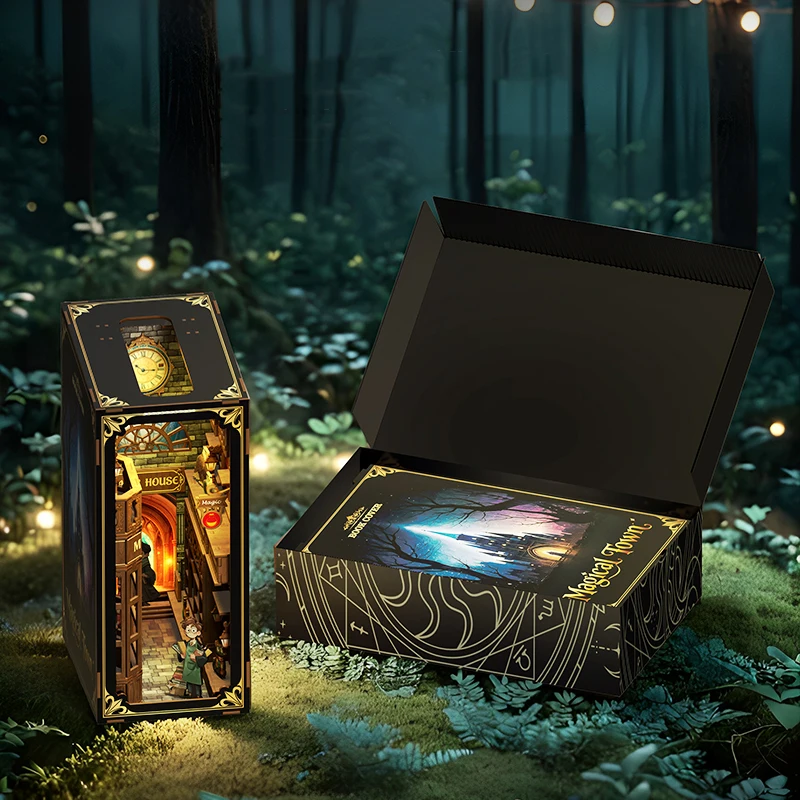 DIY Drewniany Model Miniatury Nooka Książkowego Magiczne Miasteczko Podpórka do Książek Puzzle 3D z Oświetleniem LED Półka na Książki na Prezent Urodzinowy dla Przyjaciół
