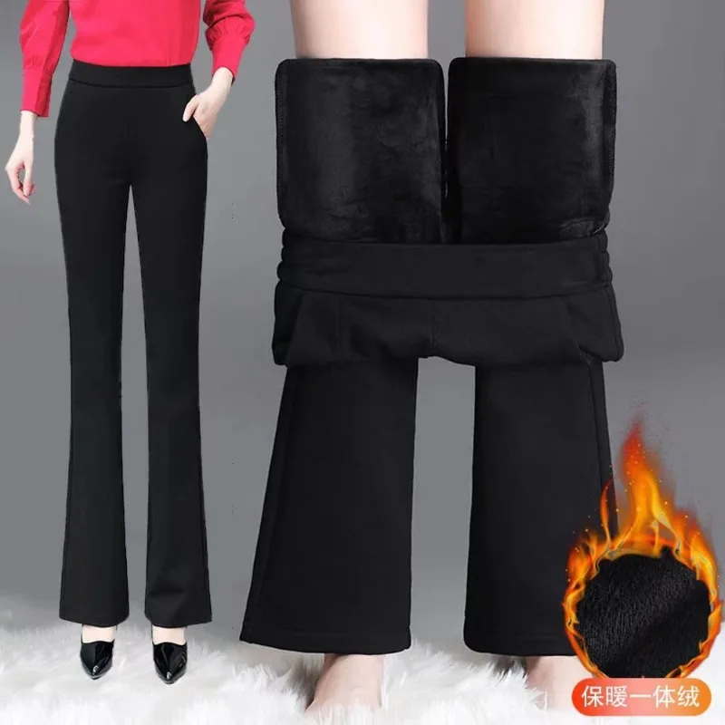 Calça feminina de cintura alta alto alto, solta e espessa, bolso retalhado, luxuoso, monocromático, moda casual, outono e inverno, 2023