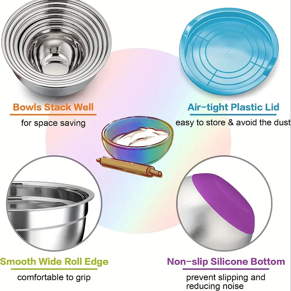 Set mangkuk masak baja tahan karat berwarna dengan tutup multifungsi untuk menjaga kesegaran