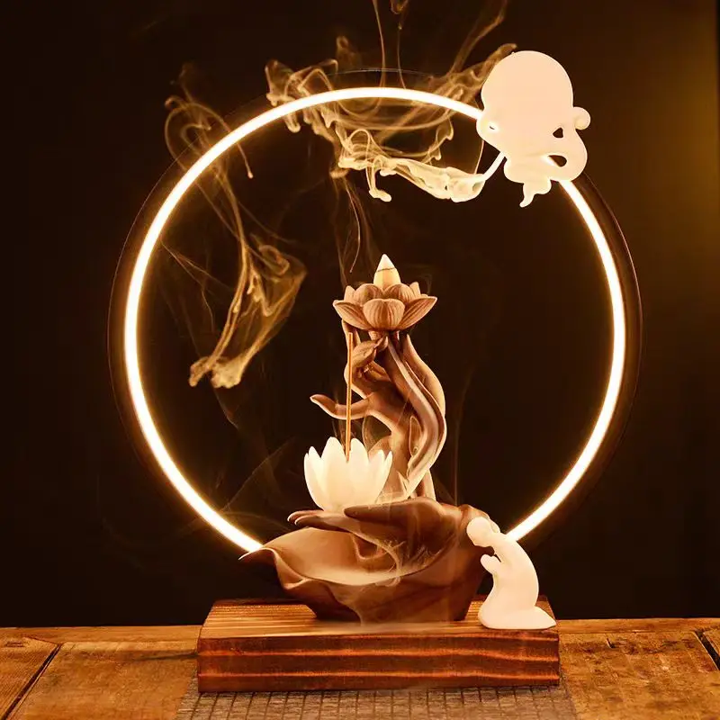 Chinese style Buddha\'s Hand Lotus LED Reflux Incense Burner Stand, Home Decoration Pure Handmade Lotus Fragrance Diffuser