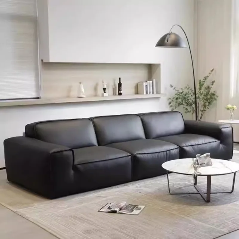 Włoski minimalistyczny skórzany design z blokami tofu, wyposażony w prostych rzędach, duży i mały salon, letnia czarna sofa