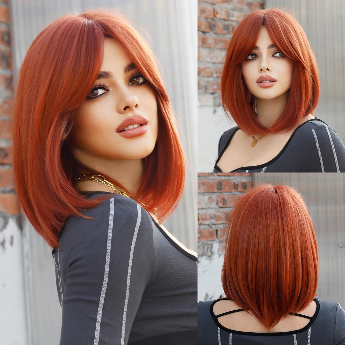 NAMM Short Straight Red Brown Wig for Women Daily Party Synthetic Middle Part Blonde Bob Wig Heat Resistant Fiber Lolita Cosplay