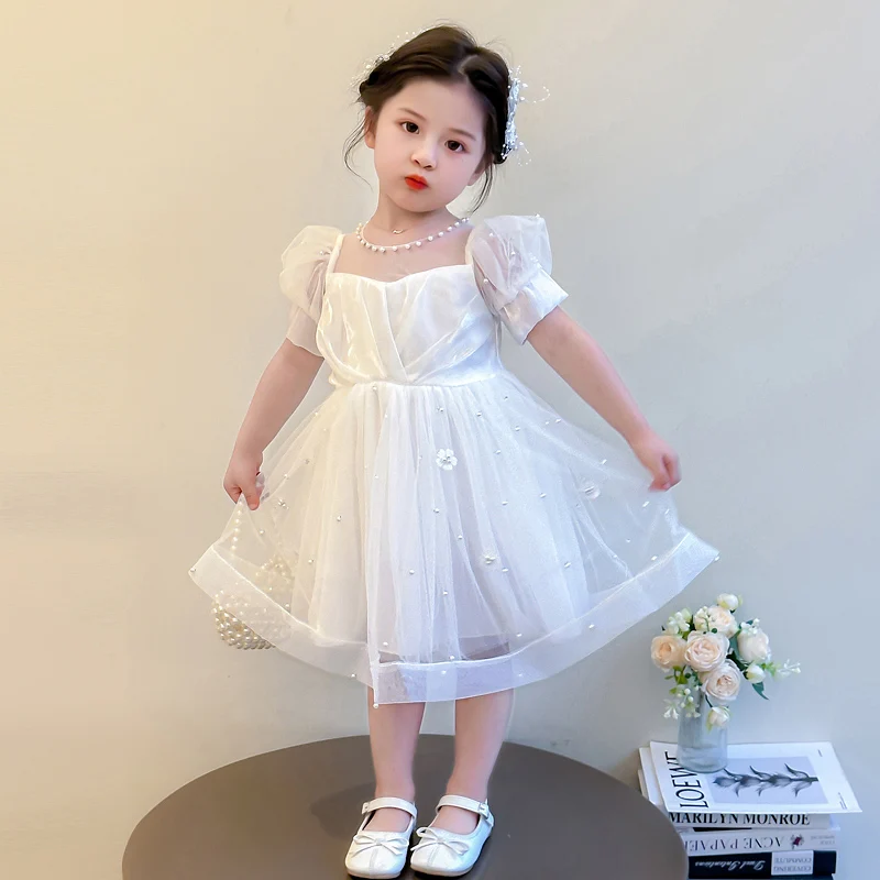 Vestido de Princesa de Verão para Meninas, Estilo Bolo de Aniversário, Roupa Infantil Fashion, Vestido Longo de Manga Curta e...