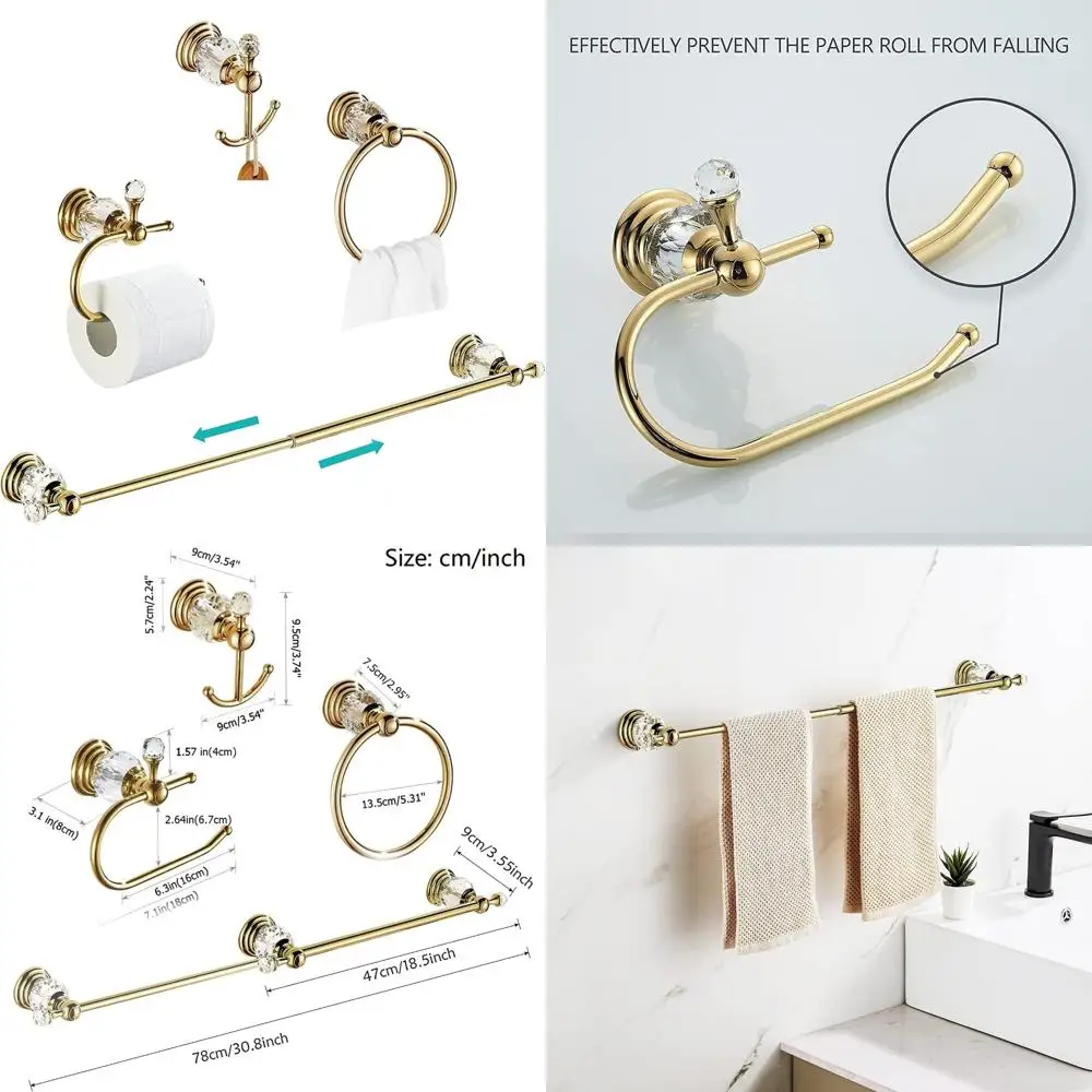 

Crystal Brass Bathroom Hardware Set - Wall Mounted Towel Bar, Toilet Paper Holder, Towel Ring, Robe Hooks, 4 Piece Accessory Ens