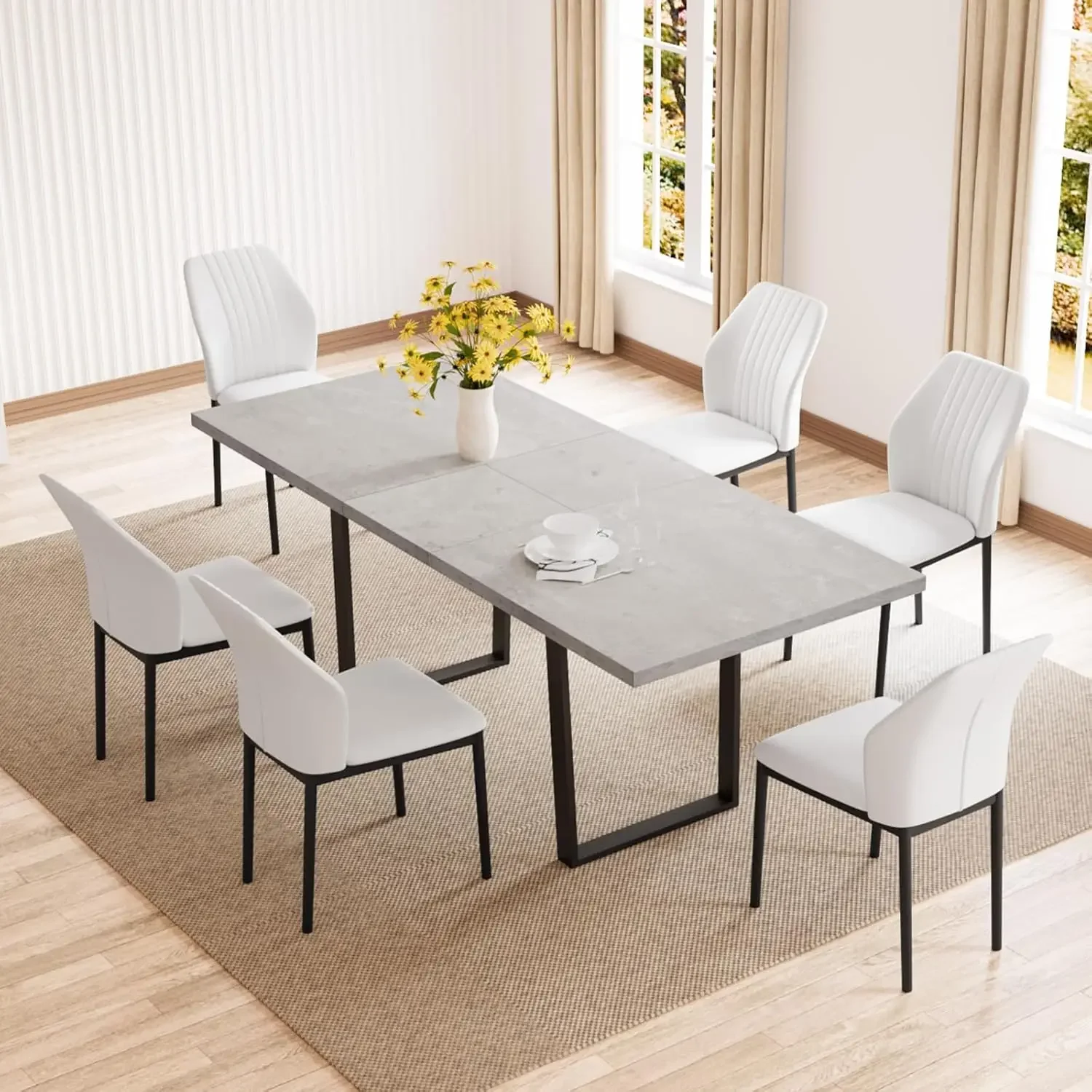 Modern Mid-Century Dining Table Set for 6-8 People Kitchen Dining Room Table Set Extendable Wood Dining Table and 6 Upholstered