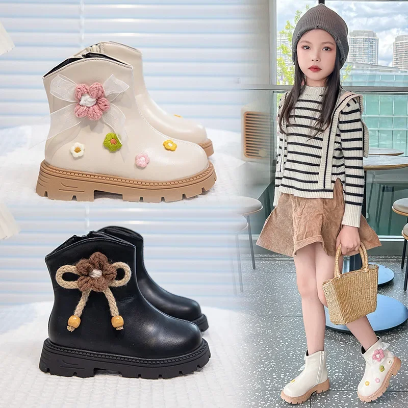 

2025 Fall Winter New Kids' Princess Beige Ankle Boots Flower and Bow Leather Boots Girls' Soft-Sole Non-Slip Short Shoes